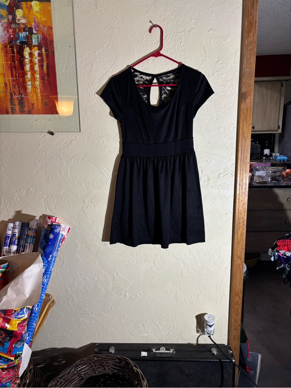 Black Short-Sleeve Mini Dress with Lace Back Detail